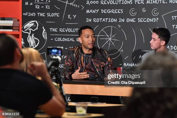 John Legend and Hunter Klugkist speak onstage at the announcement of the AXE Senior Orientation program on August 23, 2017 in New York City.