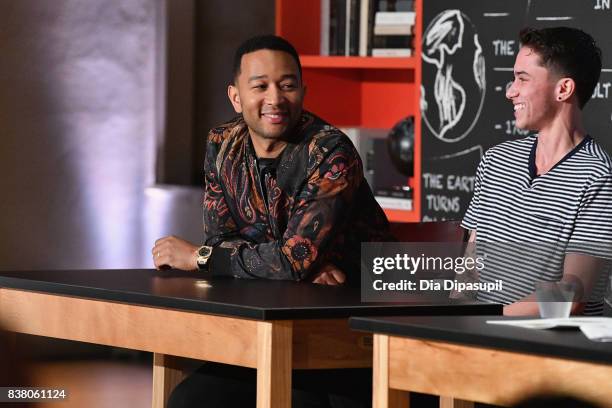 John Legend and Hunter Klugkist speak onstage at the announcement of the AXE Senior Orientation program on August 23, 2017 in New York City.