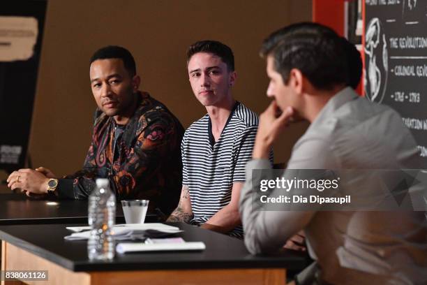 John Legend, Hunter Klugkist, Carlos Andrés Gómez speak onstage at the announcement of the AXE Senior Orientation program on August 23, 2017 in New...