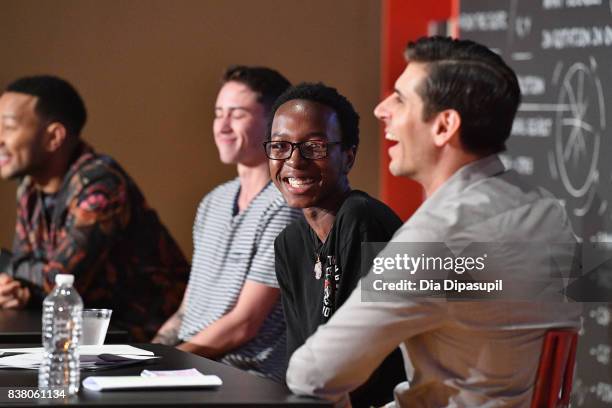 John Legend, Hunter Klugkist, Solomon Mussing, Carlos Andrés Gómez speak onstage at the announcement of the AXE Senior Orientation program on August...