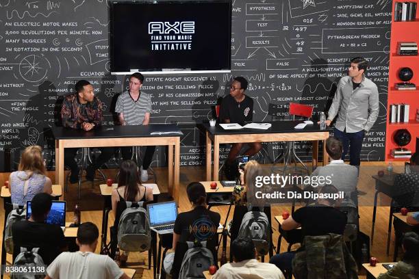 John Legend, Hunter Klugkist, Solomon Mussing, Carlos Andrés Gómez speak onstage at the announcement of the AXE Senior Orientation program on August...