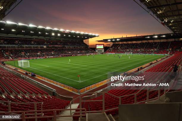 General view of the Bet365 Stadium home of Stoke city under a sunset prior to the Carabao Cup Second Round match between Stoke City and Rochdale at...