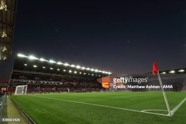 General view of the Bet365 Stadium home of Stoke city under a sunset prior to the Carabao Cup Second Round match between Stoke City and Rochdale at...