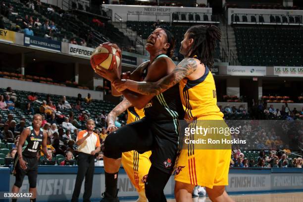 Kia Vaughn of the New York Liberty goes for a lay up during the game against the Indiana Fever during a WNBA game on August 23, 2017 at Bankers Life...