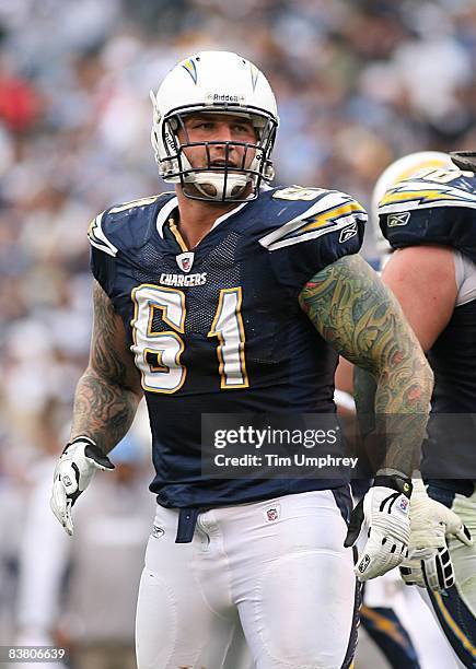 Center Nick Hardwick of the San Diego Chargers awaits the snap during a game against the Kansas City Chiefs at Qualcomm Stadium on November 9, 2008...