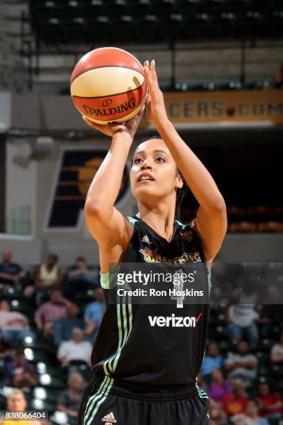 Nayo Raincock-Ekunwe of the New York Liberty shoots the ball during the game against the Indiana Fever during a WNBA game on August 23, 2017 at...