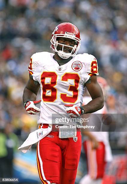 Wide receiver Mark Bradley of the Kansas CIty Chiefs gets into position prior to the snap in a game against the San Diego Chargers at Qualcomm...