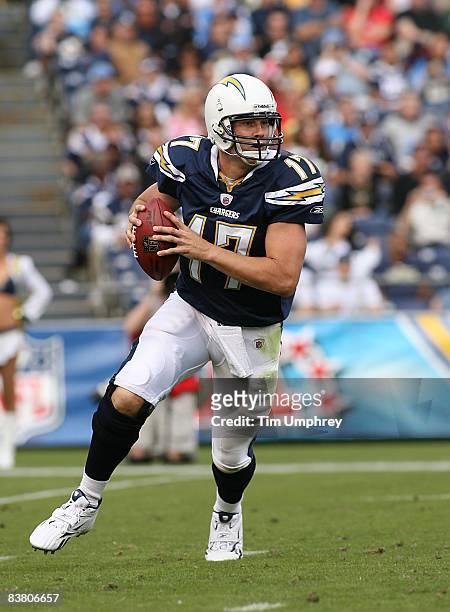 Quarterback Philip Rivers of the San Diego Chargers rolls out of the pocket in a game against the Kansas City Chiefs at Qualcomm Stadium on November...