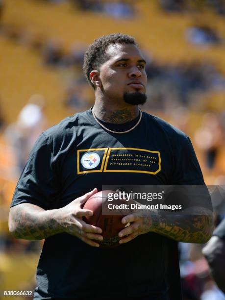 Center Maurkice Pouncey of the Pittsburgh Steelers stands on the field prior to a preseason game on August 20, 2017 against the Atlanta Falcons at...
