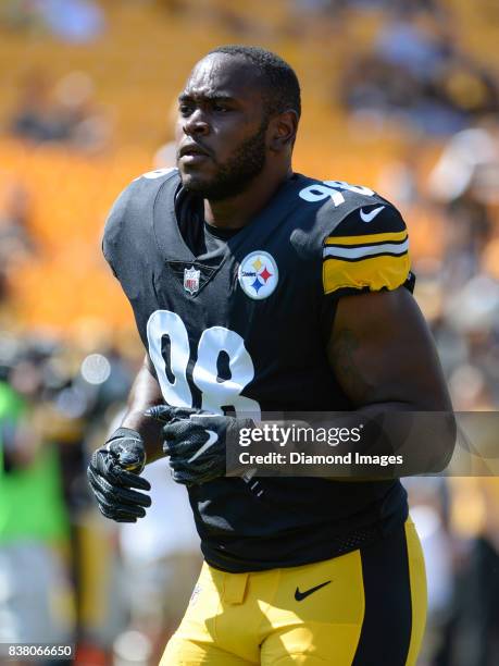 Linebacker Vince Williams of the Pittsburgh Steelers stretches on the field prior to a preseason game on August 20, 2017 against the Atlanta Falcons...