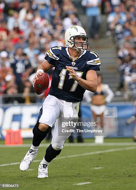 Quarterback Philip Rivers of the San Diego Chargers rolls out of the pocket in a game against the Kansas City Chiefs at Qualcomm Stadium on November...