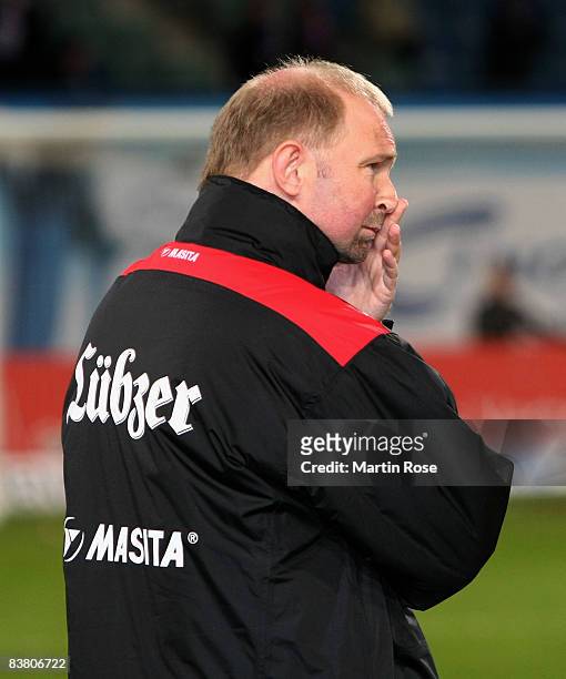Dieter Eilts, head coach of Rostock poses prior the Second Bundesliga match between FC Hansa Rostock and 1860 Muenchen at the DKB Arena on November...