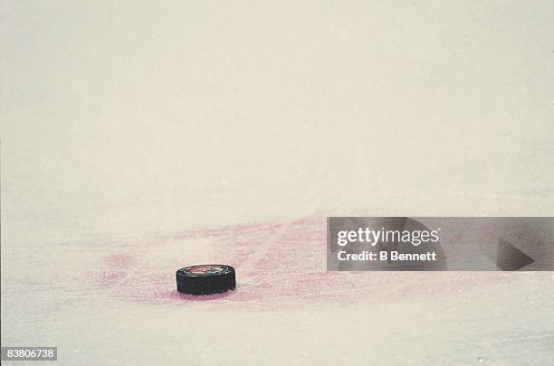 General view of an electronic FoxTrax puck that is a specialized, illuminated ice hockey puck used during the 1996 46th NHL All-Star Game between the...