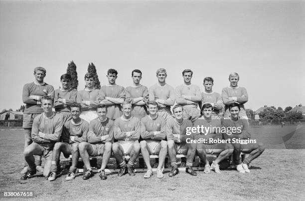 League Division One team Chelsea FC at the start of the 1963-64 season, UK, 6th August 1963. From left to right Derek Kevan, Bobby Tambling, Bert...