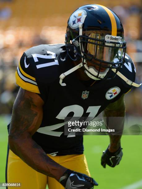 Safety Robert Golden of the Pittsburgh Steelers takes part in warm ups prior to a preseason game on August 20, 2017 against the Atlanta Falcons at...