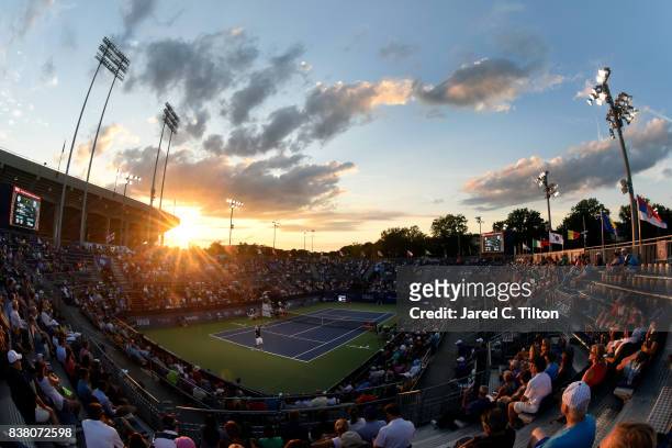 General view of the match between John Isner and Borna Coric of Croatia during the fifth day of the Winston-Salem Open at Wake Forest University on...