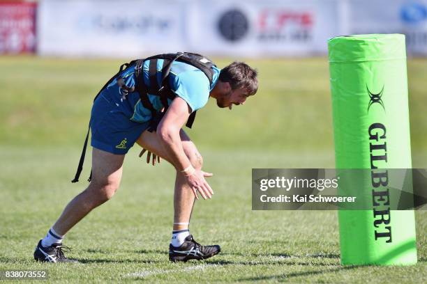 Kane Douglas undertakes a training drill during an Australian Wallabies training session at Linwood Rugby Club on August 24, 2017 in Christchurch,...