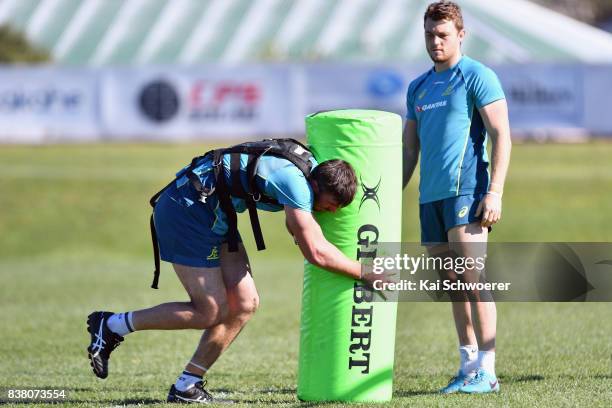 Kane Douglas undertakes a training drill during an Australian Wallabies training session at Linwood Rugby Club on August 24, 2017 in Christchurch,...