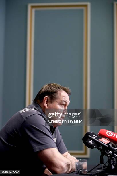 All Black coach Steve Hansen speaks to media during a media session at the Southern Cross motel before the New Zealand All Blacks training session at...