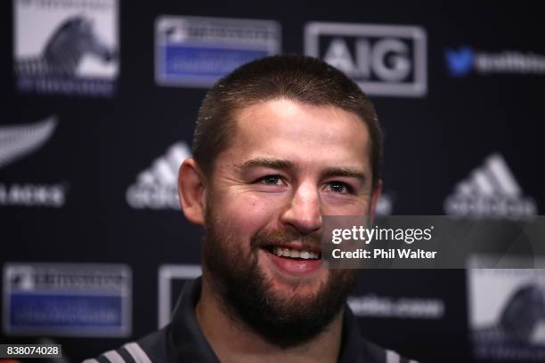 Dane Coles of the All Blacks speaks to media during a media session at the Southern Cross motel before the New Zealand All Blacks training session at...