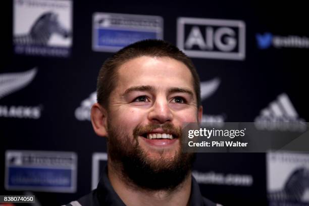 Dane Coles of the All Blacks speaks to media during a media session at the Southern Cross motel before the New Zealand All Blacks training session at...