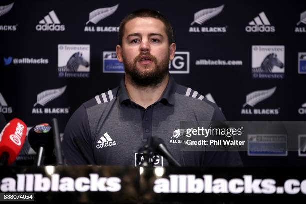 Dane Coles of the All Blacks speaks to media during a media session at the Southern Cross motel before the New Zealand All Blacks training session at...