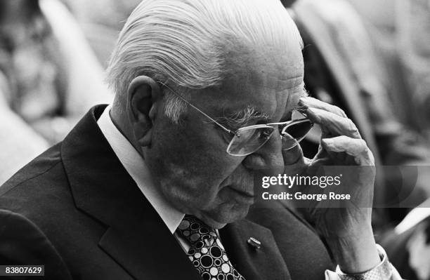 The Worldwide Church of God's founder, Herbert W. Armstrong, is photographed at a 1975 Pasadena, California, graduation at Ambassador College....