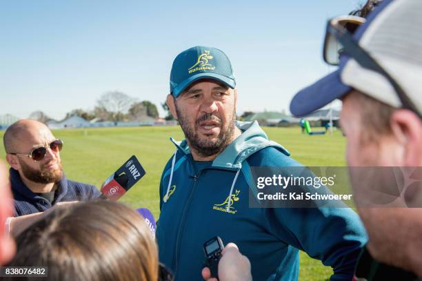 Head Coach Michael Cheika speaks to the media following an Australian Wallabies training session at Linwood Rugby Club on August 24, 2017 in...