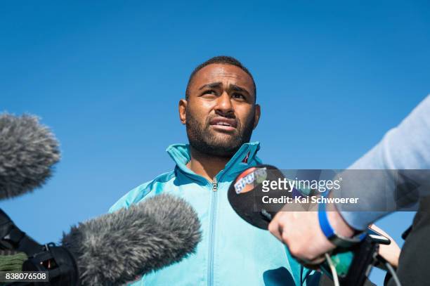 Tevita Kuridrani speaks to the media following an Australian Wallabies training session at Linwood Rugby Club on August 24, 2017 in Christchurch, New...