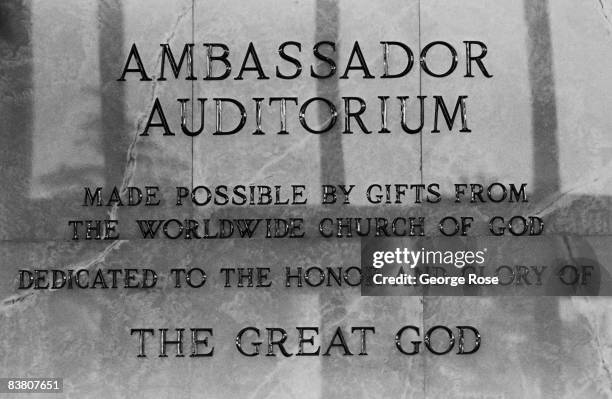 An inscription on a wall at the Worldwide Church of God's Ambassador Auditorium is viewed in a 1975 Pasadena, California, photo at Ambassador College.