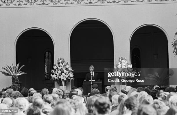 Radio and TV evangelist and head of the World Wide Church of God, Garner Ted Armstrong, addresses the crowd during a 1975 Pasadena, California,...