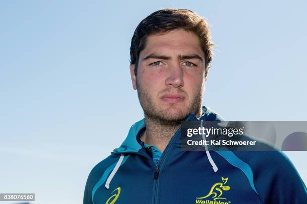 Rob Simmons speaks to the media following an Australian Wallabies training session at Linwood Rugby Club on August 24, 2017 in Christchurch, New...