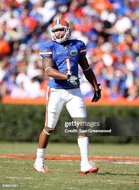 Percy Harvin of the Florida Gators stands on the field during the game against the Citadel Bulldogs at Ben Hill Griffin Stadium on November 22, 2008...