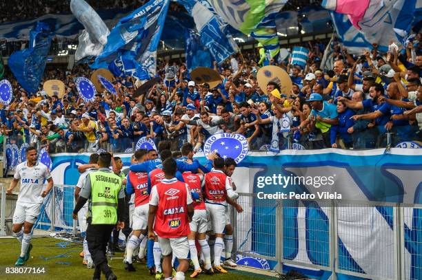 Players of Cruzeiro celebrates a scored goal against Gremio during a match between Cruzeiro and Gremio as part of Copa do Brasil Semi-Finals 2017 at...