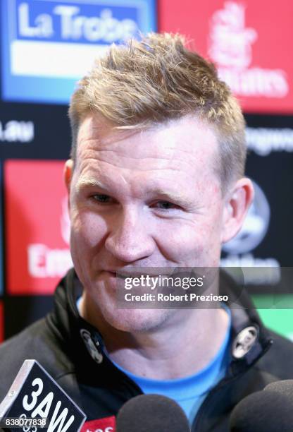 Collingwood Magpies AFL coach Nathan Buckley speaks to the media at the Holden Centre on August 24, 2017 in Melbourne, Australia.