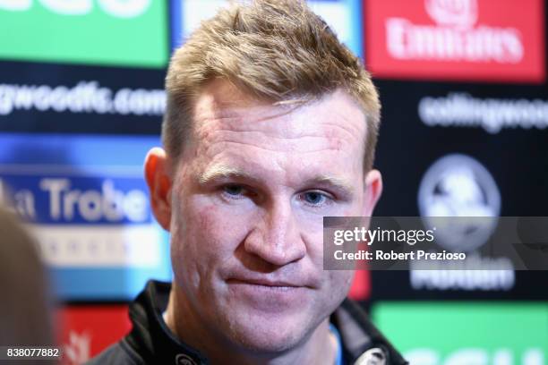 Collingwood Magpies AFL coach Nathan Buckley speaks to the media at the Holden Centre on August 24, 2017 in Melbourne, Australia.