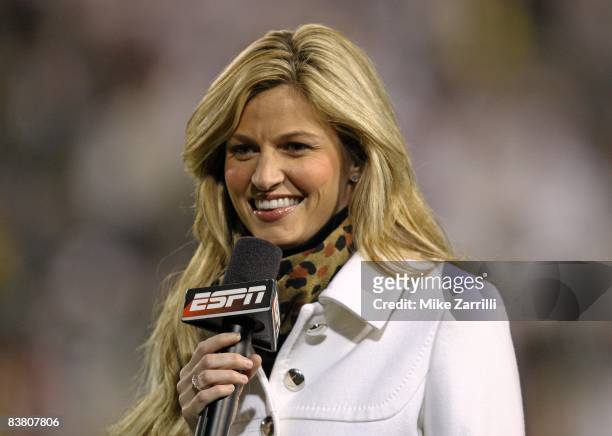 Sideline reporter Erin Andrews smiles on-air during the game between the Georgia Tech Yellow Jackets and the Miami Hurricanes at Bobby Dodd Stadium...