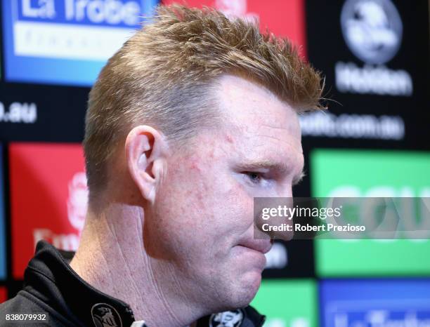 Collingwood Magpies AFL coach Nathan Buckley speaks to the media at the Holden Centre on August 24, 2017 in Melbourne, Australia.