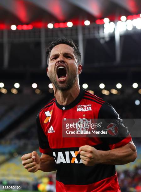 Diego of Flamengo celebrates a scored goal during a match between Flamengo and Botafogo part of Copa do Brasil Semi-Finals 2017 at Maracana Stadium...