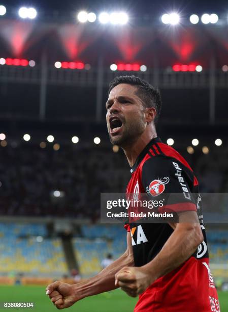 Diego of Flamengo celebrates a scored goal during a match between Flamengo and Botafogo part of Copa do Brasil Semi-Finals 2017 at Maracana Stadium...