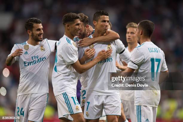 Cristiano Ronaldo of Real Madrid CF celebrates after scoring his teamÕs 2nd goalduring the Santiago Bernabeu Trophy match between Real Madrid CF and...