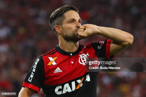 Diego of Flamengo celebrates a scored goal during a match between Flamengo and Botafogo part of Copa do Brasil Semi-Finals 2017 at Maracana Stadium...