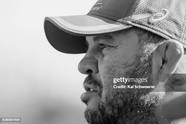 Head Coach Michael Cheika speaks to the media following an Australian Wallabies training session at Linwood Rugby Club on August 24, 2017 in...