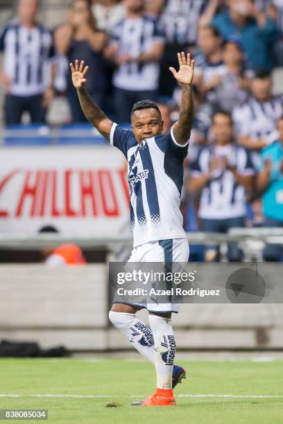 Dorlan Pabon of Monterrey celebrates after score his team's first goal during the 6th round match between Monterrey and Toluca as part of the Torneo...