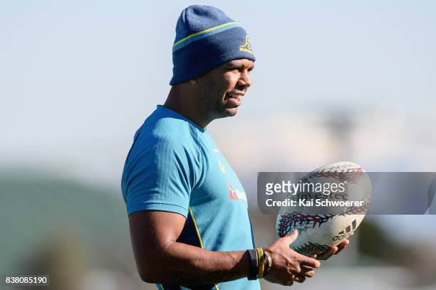 Kurtley Beale looks on during an Australian Wallabies training session at Linwood Rugby Club on August 24, 2017 in Christchurch, New Zealand.