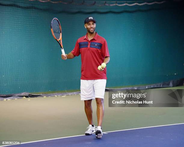 American tennis player James Blake participates in tennis match to support the 2017 AKTIV Against Cancer Tennis Pro-Am at Grand Central Terminal on...