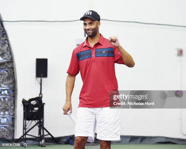 American tennis player James Blake participates in tennis match to support the 2017 AKTIV Against Cancer Tennis Pro-Am at Grand Central Terminal on...