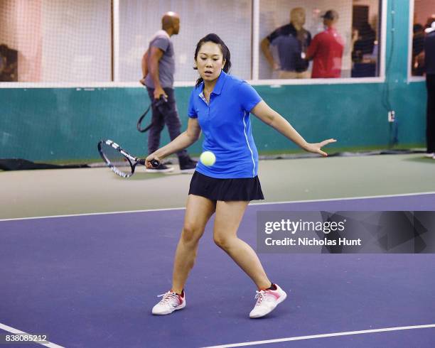 Sportscaster Michelle Yu participates in tennis match to support the 2017 AKTIV Against Cancer Tennis Pro-Am at Grand Central Terminal on August 23,...