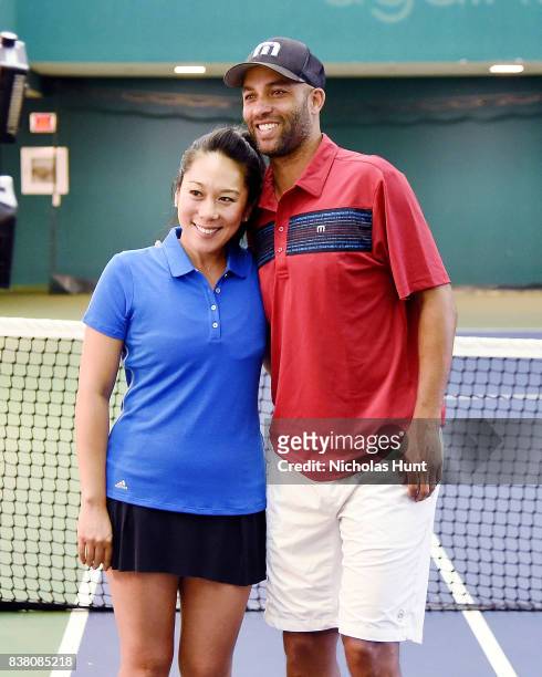Sportscaster Michelle Yu, American tennis player James Blake participate in tennis match to support the 2017 AKTIV Against Cancer Tennis Pro-Am at...