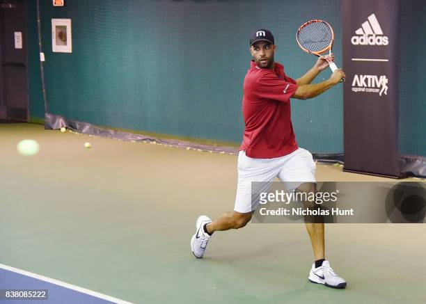 American tennis player James Blake participates in tennis match to support the 2017 AKTIV Against Cancer Tennis Pro-Am at Grand Central Terminal on...